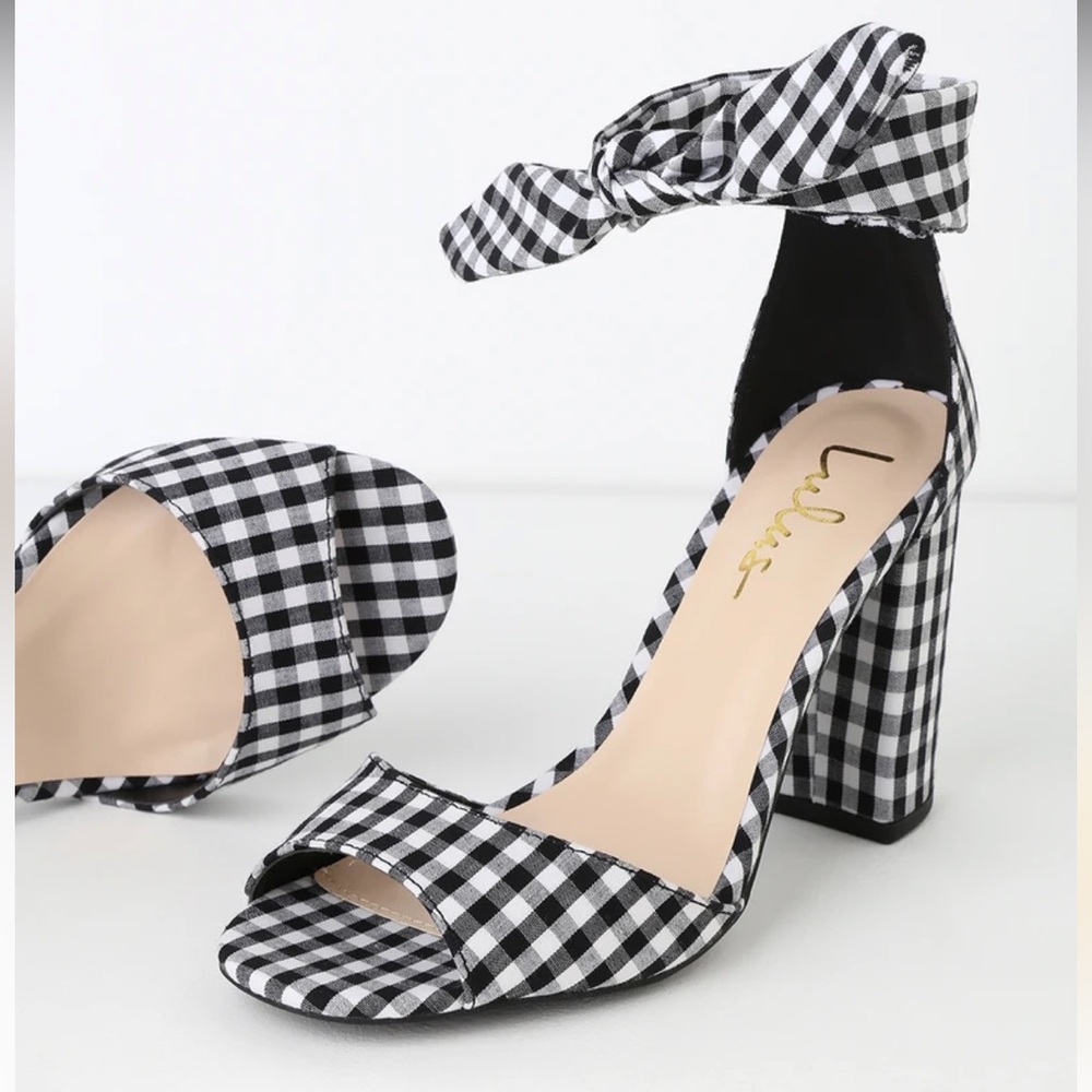 Lulu’s black and white gingham heels with ankle tie